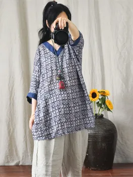 Lenjerie de pat din bumbac pentru Femei tricou V-neck Maneca Jumătate de Imprimare Vrac Moda Vintage 2021 Casual de Vara Femei Topuri Lungi