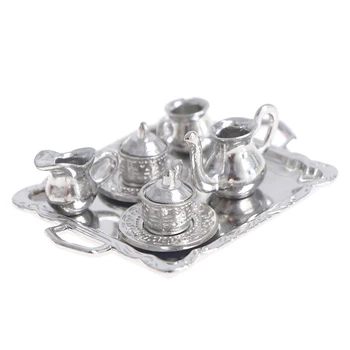 10buc/Set 1/12 casă de Păpuși în Miniatură Metal Argintiu Ceai Cafea Tava Tacamuri Set Pentru casă de Păpuși Decor