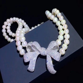 2 straturi de arc mare cubic zirconia micro-set cu perla stralucitoare cravată pentru femei elegante, accesorii de petrecere ziua de nastere prezent