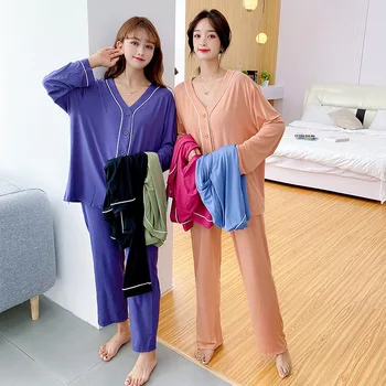 2020 New Sosire Vara Modal Femei Pijama Cu Maneca Lunga, Pantaloni Din Două Piese Fete Elastic Subțire Liber Casual Uzura Acasă Sleepwear