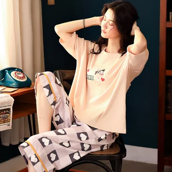 2020 Pijamale Femei Subțire din Bumbac cu Maneci Scurte M-XXL Dimensiuni Vrac Fată Casual Homesuit Pijamas Set