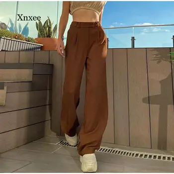 2021 Moda de Vara Femei Maro Talie Mare Largi Picior Pantaloni Culoare Solidă Direct Drapat Pantaloni Largi Doamnelor Street Casual Uzura
