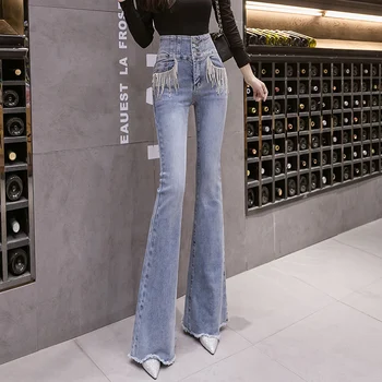 2021 Noi de Iarna femei Denim Lanțuri Bavuri Plus catifea clopot-fund pantaloni Femei Talie Mare Moda Mult Flare Jeans plus size