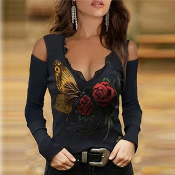 2021 Noi Femeile Print Vintage Maneca Lunga T-Shirt Femei Sexy V-Neck De Pe Umăr Topuri Elegante De Trandafir Model De Tricou Streetwear