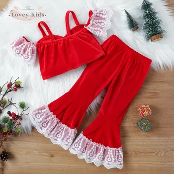 2022 Fată Costum Copil 2 buc Set de Pe Umăr Zbor Topuri cu Maneci Flare Pantaloni Dantela Mozaic de Culoare Roșie Copilul Haine de Crăciun