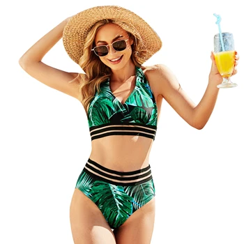 2022 Moda Trendy Tropicale Cu Frunze Imprimate De Înaltă Talie Două Piese Bikini Set Costum De Baie Feminin Face Baie Costum De Baie Femei Beachwear