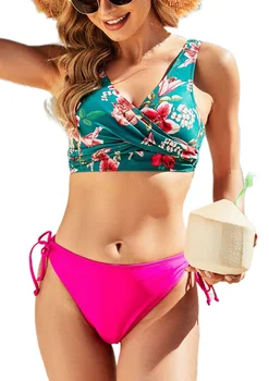 2022 Noi Sosiri De Imprimare Florale Talie Mijlocie Bikini Seturi Sexy De Plajă, Costume De Baie Costume De Baie Femei Sexy Lace Up Costume De Baie Doua Piese
