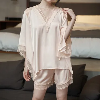 2022 Nou Matase de Gheață Pijamale pentru Femei V-Neck Sexy Pijamale Costum de Dantelă Trim 2 BUC Pijamas Intimă Acasă Haine de Moda de îmbrăcăminte de noapte