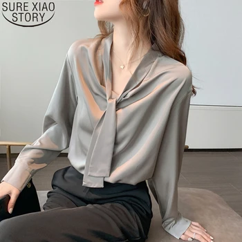 2022 Primăvară V-gât Gri Bluza cu Maneci Lungi pentru Femei de Moda Doamnă Birou Bluză Cravată Tricou Nou Haine coreene Topuri Largi 11545