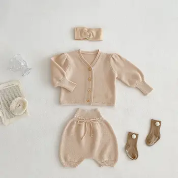 2023 Nouă Primăvară Baby Maneca Lunga Pulover Tricot Set Fete Puff Sleeve Cardigan Tricotate Pantaloni Scurți Solidă Pulover Costum De Haine