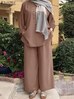 2023 ZANZEA Musulman Casual, de Potrivire Seturi de Moda de Epocă Elegant Costum Petrecere Solid, O-Neck Maneca Lunga Topuri Pantaloni Abaya Caftan