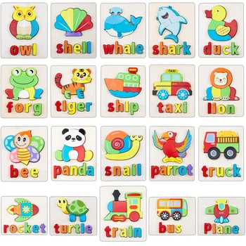 2in1 puzzle-uri din lemn pentru copii educaționale și de învățare montessori materialele Animale de Desene animate pentru Copii Cognitive Jigsaw Puzzle ortografie