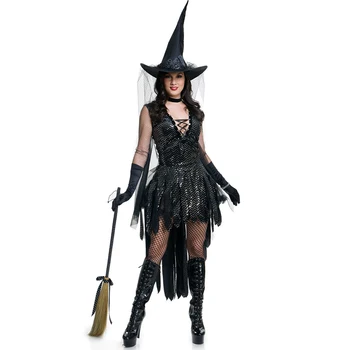 3 Buc Sexy Paiete Negre Vrăjitoare de Halloween Cosplay Costum pentru Femei Carnaval pentru Adulti Costum de Vrăjitoare