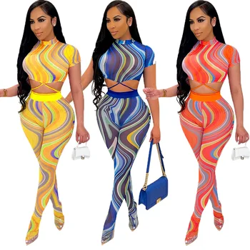 3 Culori de Moda pentru Femei Multicolor de Imprimare Set de Două piese O-gat Maneci Scurte Plasă de Topuri de Talie Mare Slim Ciorapi Pantaloni 2PC Set
