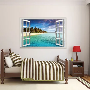 3D Ocean Beach Soare Fals Windows Dormitor Camera Copiilor Autocolante Pop arătos