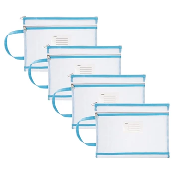4buc Plasă cu Fermoar Husă de Carte Dosare de Papetărie Caz Creion A4 Ochiuri Folder Zip Blue