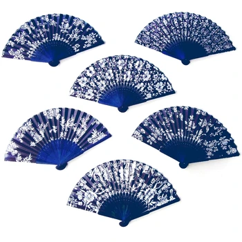 50PCS Stil Tradițional Chinezesc de Culoare Albastru Tesatura de Bambus Pliere Fan Amestecat Cu Modele de Flori Pentru Doamne și Acasă Decoratiuni