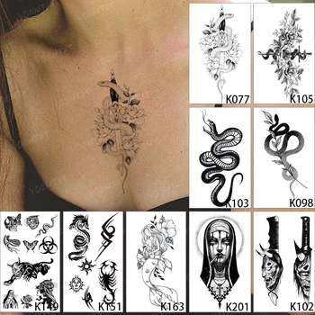 9pcs/Lot Dark Snake Impermeabil Tatuaj Temporar Autocolant Sexy Flori de Școală Veche Flash Tatuaj Piept Femeie Body Art Fals Tatuaj Om