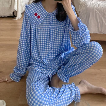 Alien Kitty Albastru Carouri Cires Dulce Casă Îmbrăcați În Pijama Costum Volane Casual 2022 Primăvară Fete Coreene Moale Chic Liber Uzura De Somn