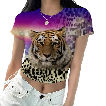 Animal print leopard de imprimare 3D high-waisted T-shirt femei pe scurt cu mâneci 2022 vara new slim-montaj culturilor sus
