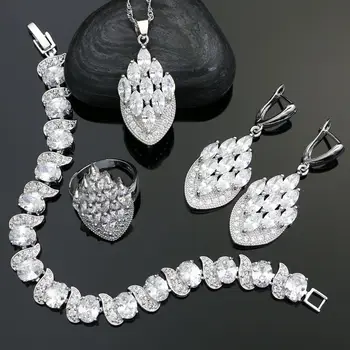 Argint 925 De Bijuterii De Mireasă Seturi Pentru Femei White Cubic Zirconia De Cristal Cercei/Inel/Bratara/Colier/Pandantiv Set