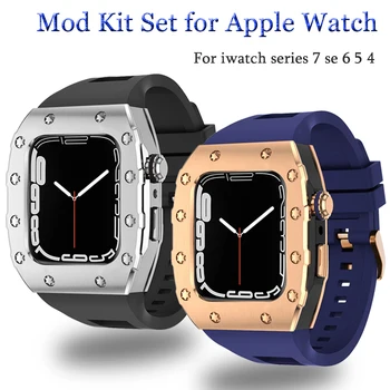 Banda de silicon pentru Apple Watch 6 44mm Ramă de Metal de Lux Ramă de Metal Cazul Curea de Cauciuc Modificarea Kit pentru iwatch seria 7 45mm