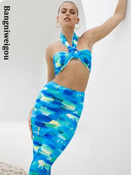 Bangniweigou Moda Tie-dye Print Bandaj Două Bucata Set pentru Femei de Vară Albastru Fantezie Halter Top Bandeau cu Tub Fusta Slim Seturi