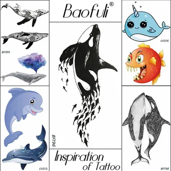 Baofuli Negru Delfin, Balena Impermeabil Tatuaje Prianha Desene Animate Pentru Copii Tatuaje Temporare Autocolant Pește Ocean Grup Fals Tatuaje