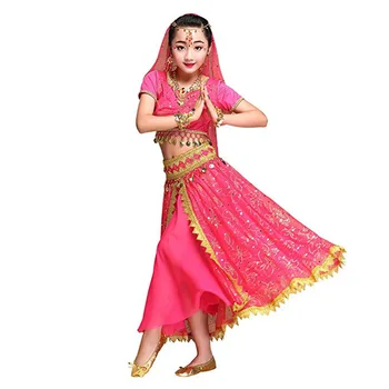Belly Dance Set Costum Bollywood Fete Femei Indiene Dans Sari Bellydance Sifon 5pcs (Headpieces Voal de Sus Centura Fusta)