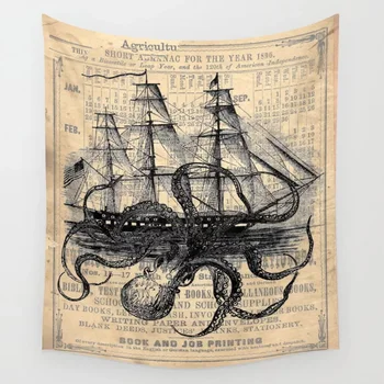 Caracatita Kraken ataca Nava Antic Almanah Hârtie Tapiserie de pe Perete Tapiserii Cămin Arta de Perete Decor Acasă Călătorie Camping