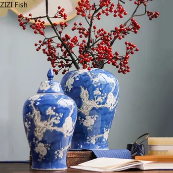 Ceramica Rezervor de Stocare Stil Chinezesc Alb Plum Blossom Relief Desktop Organizare Depozitare cu Capac Vaza de Flori Decor Acasă