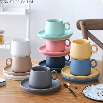 Ceramică de culoare Mat Cana de Cafea si Farfurie Set Simplu 250ml Acasă micul Dejun Cana Ceramica Tava de Mici Drăguț Cafea Cani si Cesti