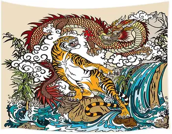 Chinese Dragon și Tigru în Peisaj cu Cascada Tapiserie de Perete