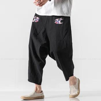 Chineză Stil Bărbați Moda Brodate Lenjerie De Pat Din Bumbac Pantaloni Casual, Hippie Dans Largi Picior Pantaloni Harem Pantaloni Retro Streetwear