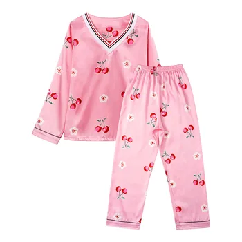 Copii Fete Toamna Cherry Pijama Set de Pijamale Costum cu Maneci Lungi din Satin Top+Pantaloni Lungi 2 buc Uzura Acasă Fată Drăguță camasa de noapte, Pijamale