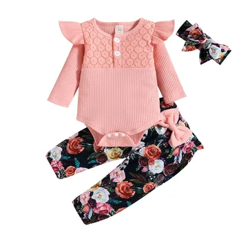Copil nou-născut Fată Salopeta 3Pcs Costum Solid Jacard cu Maneca Lunga O-Neck Ruffle Romper + Print Floral Pantaloni Lungi + Bentita Tinuta