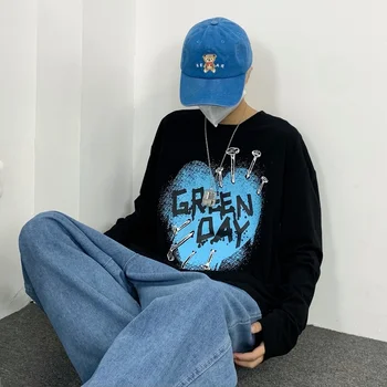 Coreea Moda Hip-Hop de Dragoste Model de Unghii de Imprimare Vrac cu Mâneci Lungi T-Shirt pentru Bărbați Haine de Epocă Cuplu Casual Emo Urban Topuri