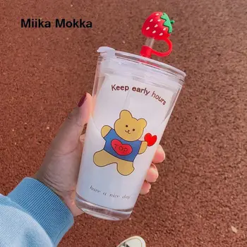 Coreea Style Creative Drăguț Urs de Sticlă Ceașcă de Paie Cupa cu Capac la Îndemână Cupa Cartoon Student Cana de Apa Kawaii Cupa de Sticla Drinkware