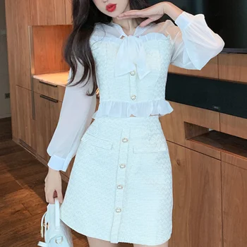 Coreeană Costum din Două Piese Costume Pentru Femei Dantelă Sus Reffles Topuri Scurte a-line Mini-Fuste Office Lady Toamna Dulce 2 Bucata Set Mujer