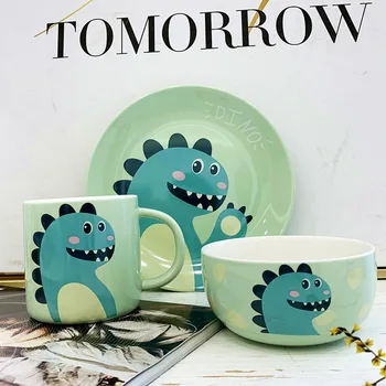 Coreeană Creator de Desene animate Drăguț Dinozaur Ceramice Set Tacamuri Copii Acasă Placă de mic Dejun Lapte cu Cana Cana de Apa Tacâmuri Set