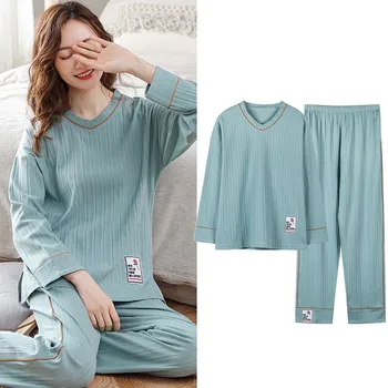 Cotton V-Neck T-shirt și Pantaloni 2 BUC Costum de Pijama Femei M-3XL Pierde Acasă Purta Primavara Toamna Noua Casual Pijamale Simplu Sleepwear