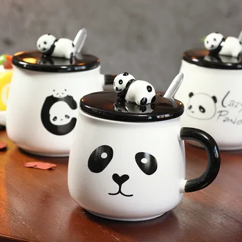 Creativitatea desene animate drăguț panda cana ceramica cu capac si lingura MOE stil mare burta cana cu lapte micul dejun cana de cafea