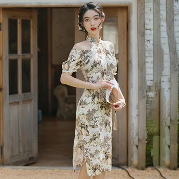 Căpăstru Sexy Lung de Înaltă Split Cheongsam Chineză Clasic Femei Elegante Maneci Scurte Noutate Qipao