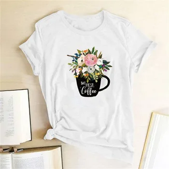 Dar Prima Cafea de Imprimare T-shirt Femei O Gât Vara Tricou Casual cu Maneci Scurte Vrac Amuzant Topuri pentru Femei Vetement Femme 2021