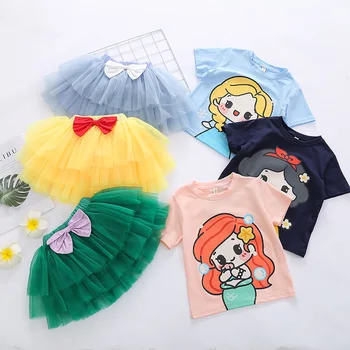 De Vară pentru copii Nou Pentru Fete Desene animate Costum de Moda Elsa, Alba ca Zapada Maneci Scurte T-shirt + Ochiurilor Fusta 2 Bucata Set Rochii Casual