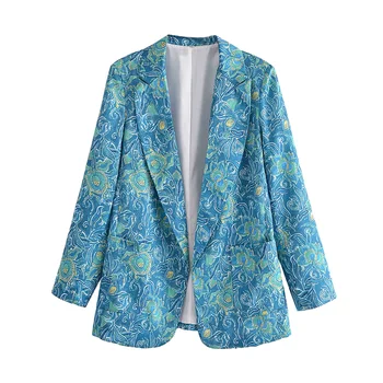 De vânzare la cald doamnelor print floral casual albastru sacou pentru femei sacou cu mâneci lungi doamne de birou liber moda blazer navetiști