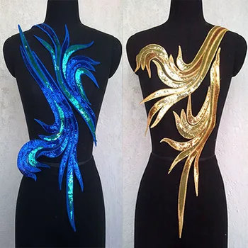 De înaltă calitate, broderie Dantelă paiete albastru/de aur Phoenix coada patch-uri dungă Aplicatiile pentru DIY rochie de rochie de Mireasa