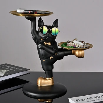 Decor camera Sculptura cu 2 Tavi pentru Bagaje,Bulldog francez Figurina Decor Acasă Artware,Ornamente pentru Masă de Rășină Câine Statuie