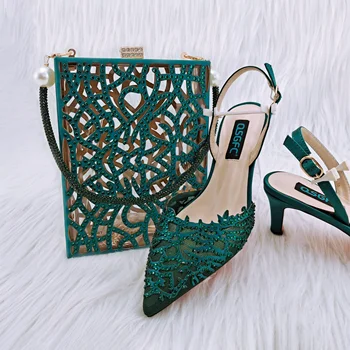 Design Italian Pantofi Elegante Și se Potrivesc Geanta Verde a Subliniat Toe Med Tocuri de 7 cm Conica Tocuri Petrecere de Moda Doamnelor Pantofi Si Geanta
