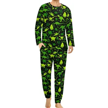 Dinozaur Mic Verde Pijamale De Zi Cu Zi 2 Bucati De Animale Drăguț Retro Seturi De Pijama Bărbați Mâneci Lungi Estetice Grafic Acasă Costum De Mari Dimensiuni